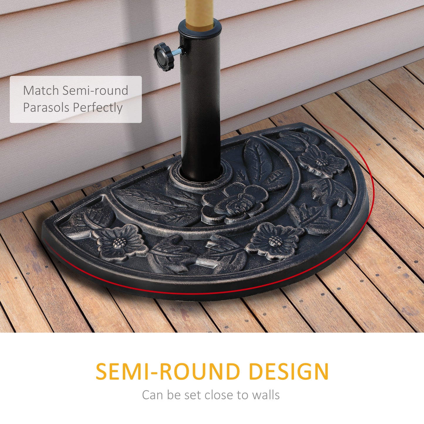 9kg Resin Parasol Base, Half Round Umbrella Stand with Floral Design for Garden, Outdoor, Suitable Umbrella Rod: Ø3.8cm
