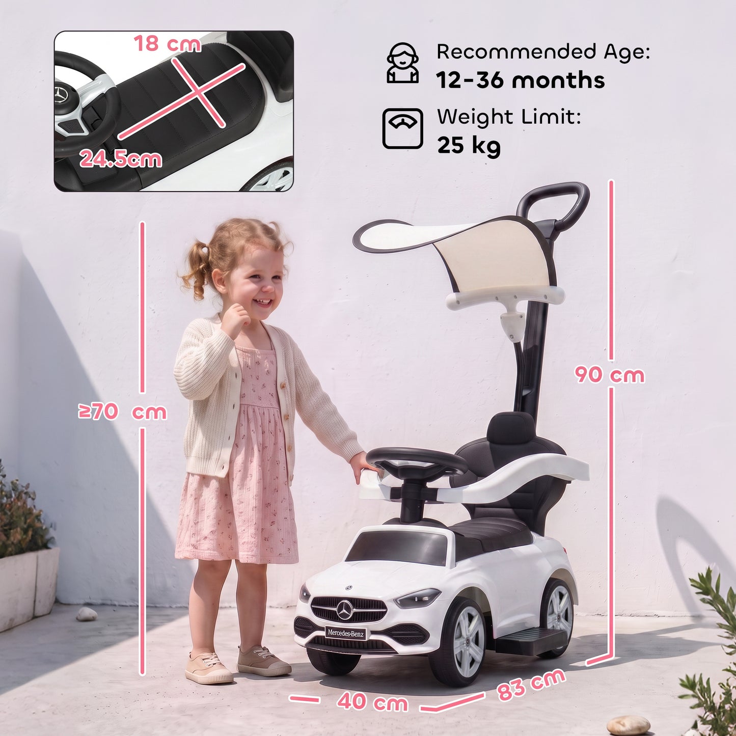 3 in 1 Licensed Benz Ride on Push Car with Handle, Canopy, Guardrails, Horn, Music, Storage for 12-36 Months, White