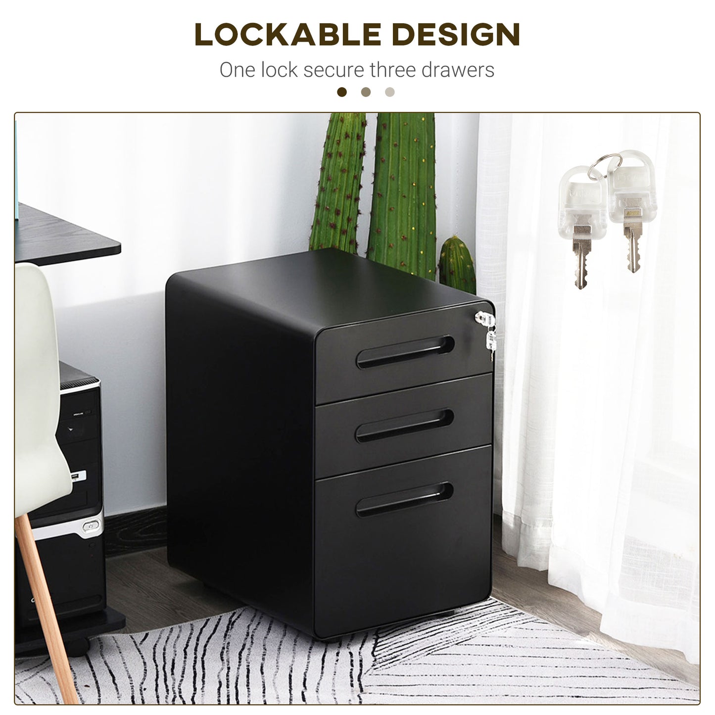 Lockable File Cabinet with 3 Drawers, Vertical Office Drawer for A4, Letter, Legal Size, Anti-tilt Design
