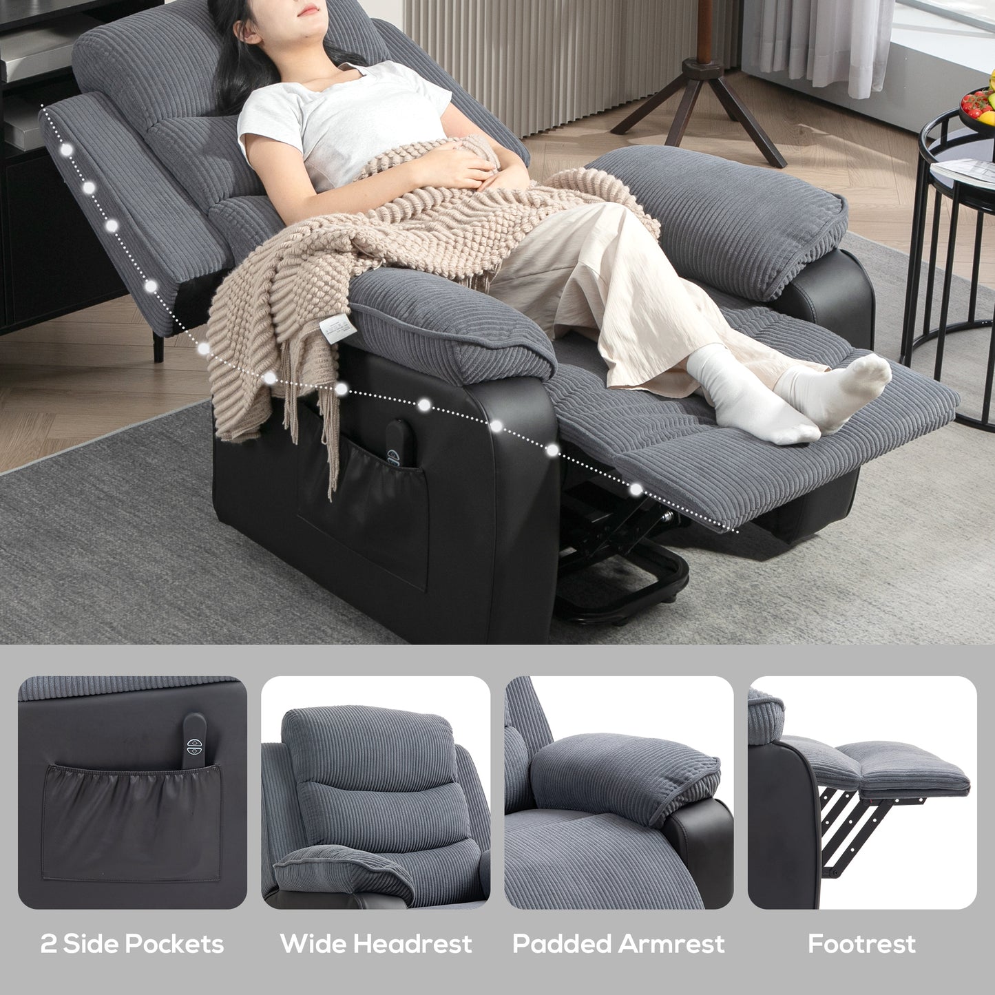 Overstuffed Corduroy Electric Lift Chair - Dark Grey