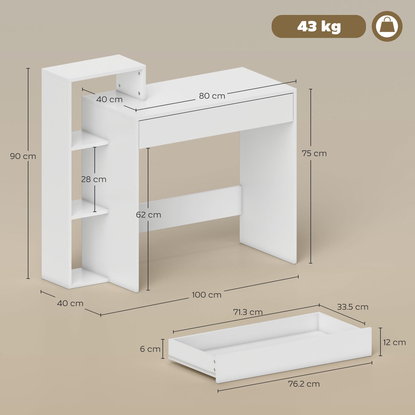 Desk with Storage, Computer Desk with 3 Open Shelves and Drawer, Workstation, Computer Table, White