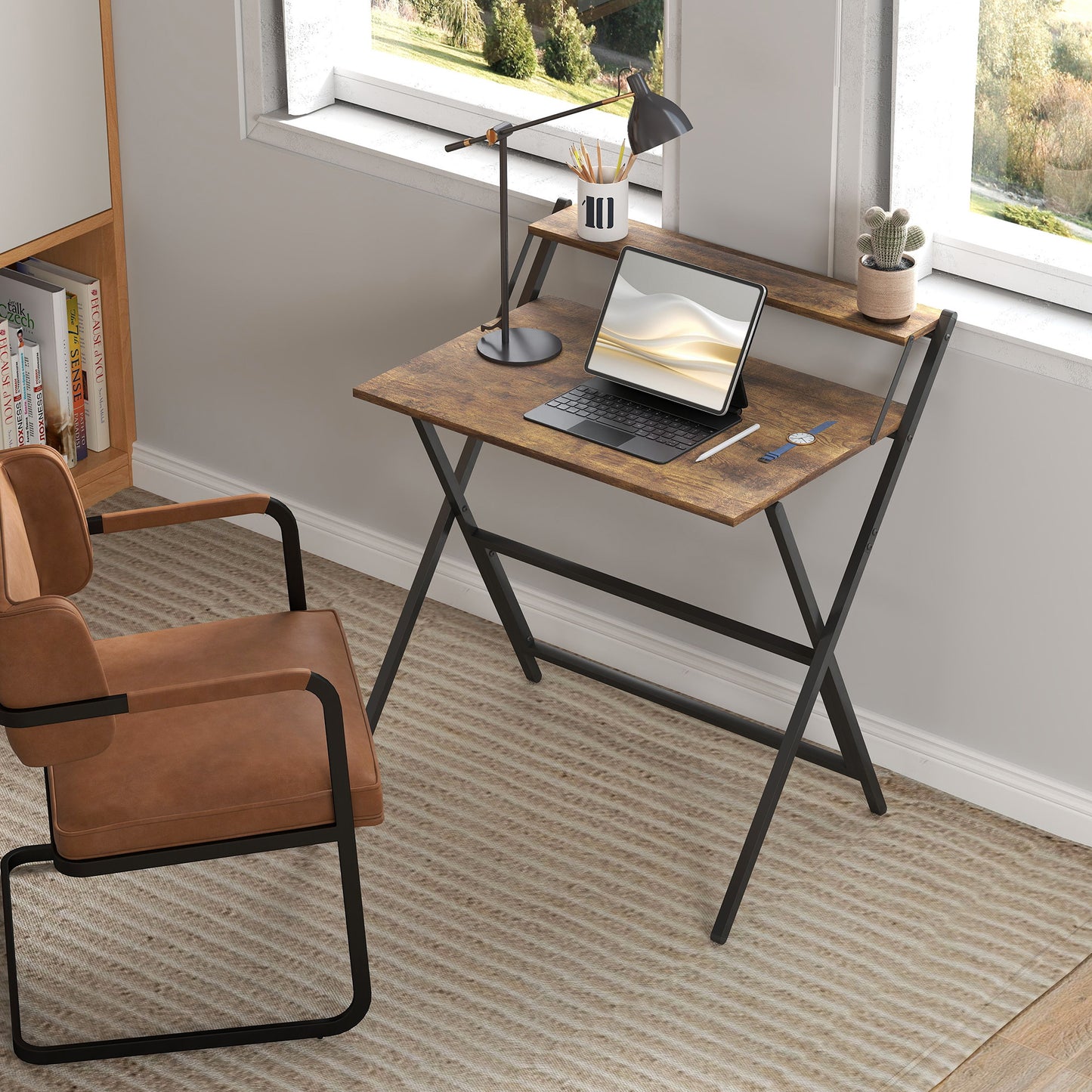 81.5 cm Folding Computer Desk with Monitor Shelf - Rustic Brown
