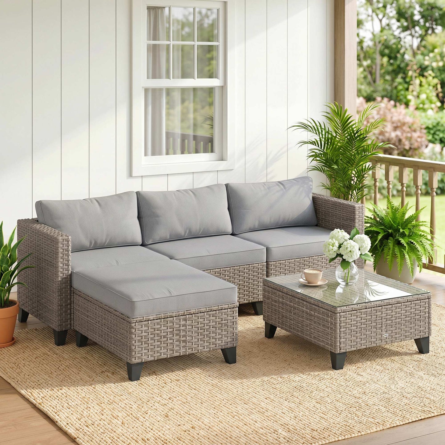 5-Piece Rattan Patio Furniture Set with Corner Sofa, Footstools, Coffee Table, for Poolside, Brown