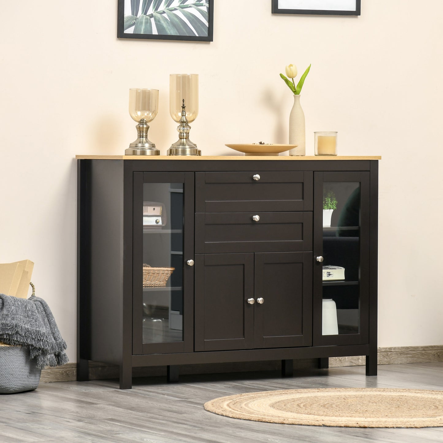 Modern Storage Cabinet, Sideboard with Oak Top, 4 Doors, 2 Drawers and 5 Adjustable Shelves, Black Brown