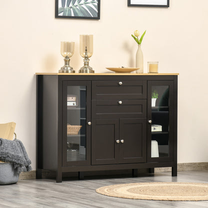 Modern Storage Cabinet, Sideboard with Oak Top, 4 Doors, 2 Drawers and 5 Adjustable Shelves, Black Brown