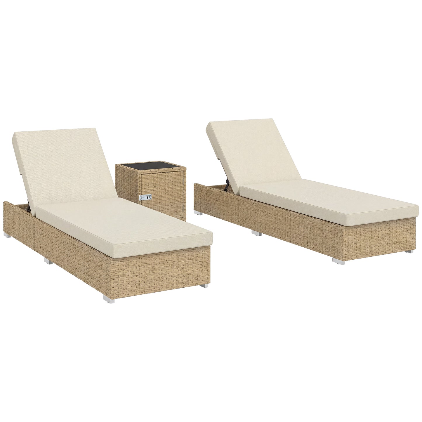 Rattan Sun Loungers Set of 2 with Side Table, Garden Recliner Sunbeds with Adjustable Back, Cushions, Beige