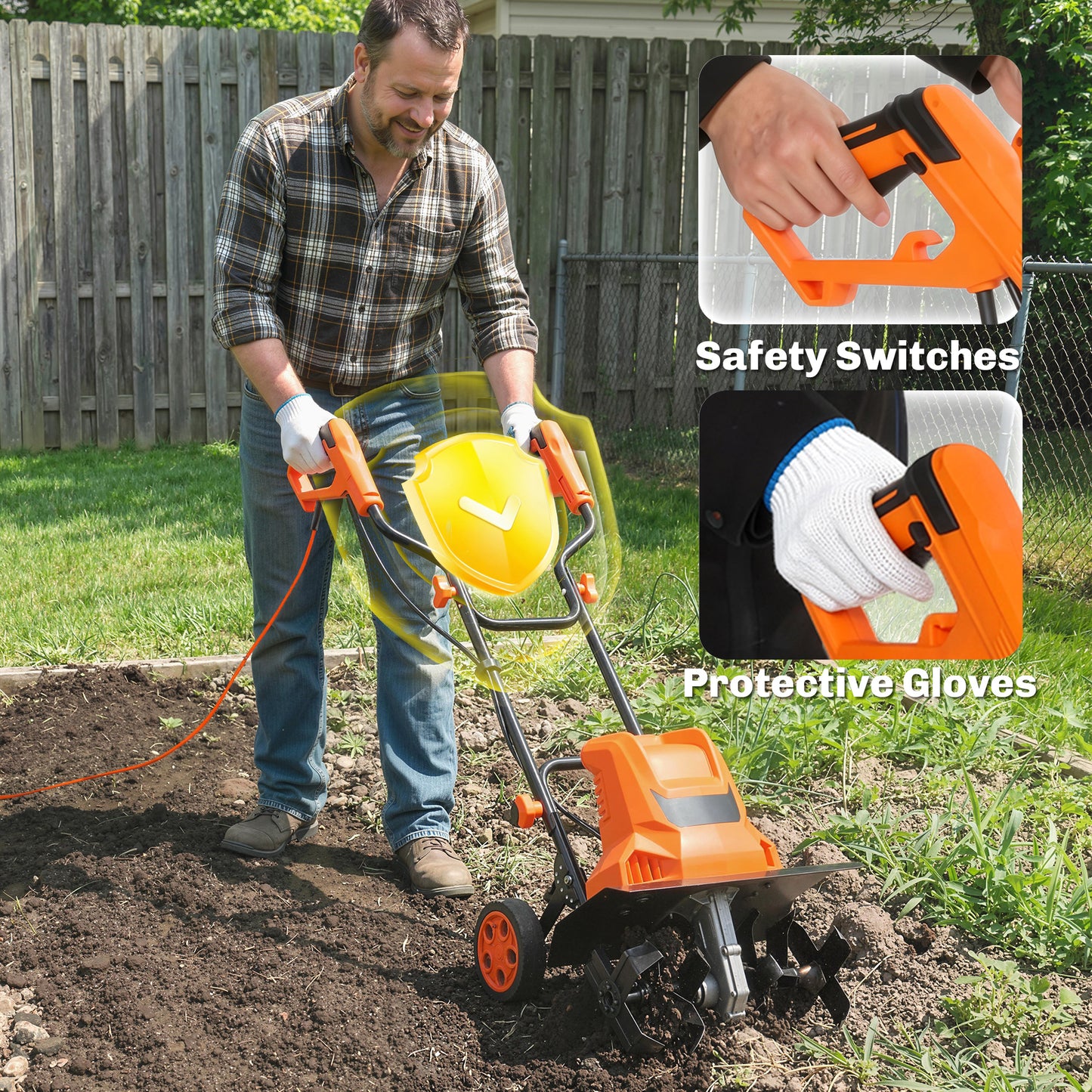 1500W Electric Garden Tiller w/Foldable Handle, 40cm Working Width, 20cm Tilling Depth, 6 Blades, 2 Adjustable Wheels