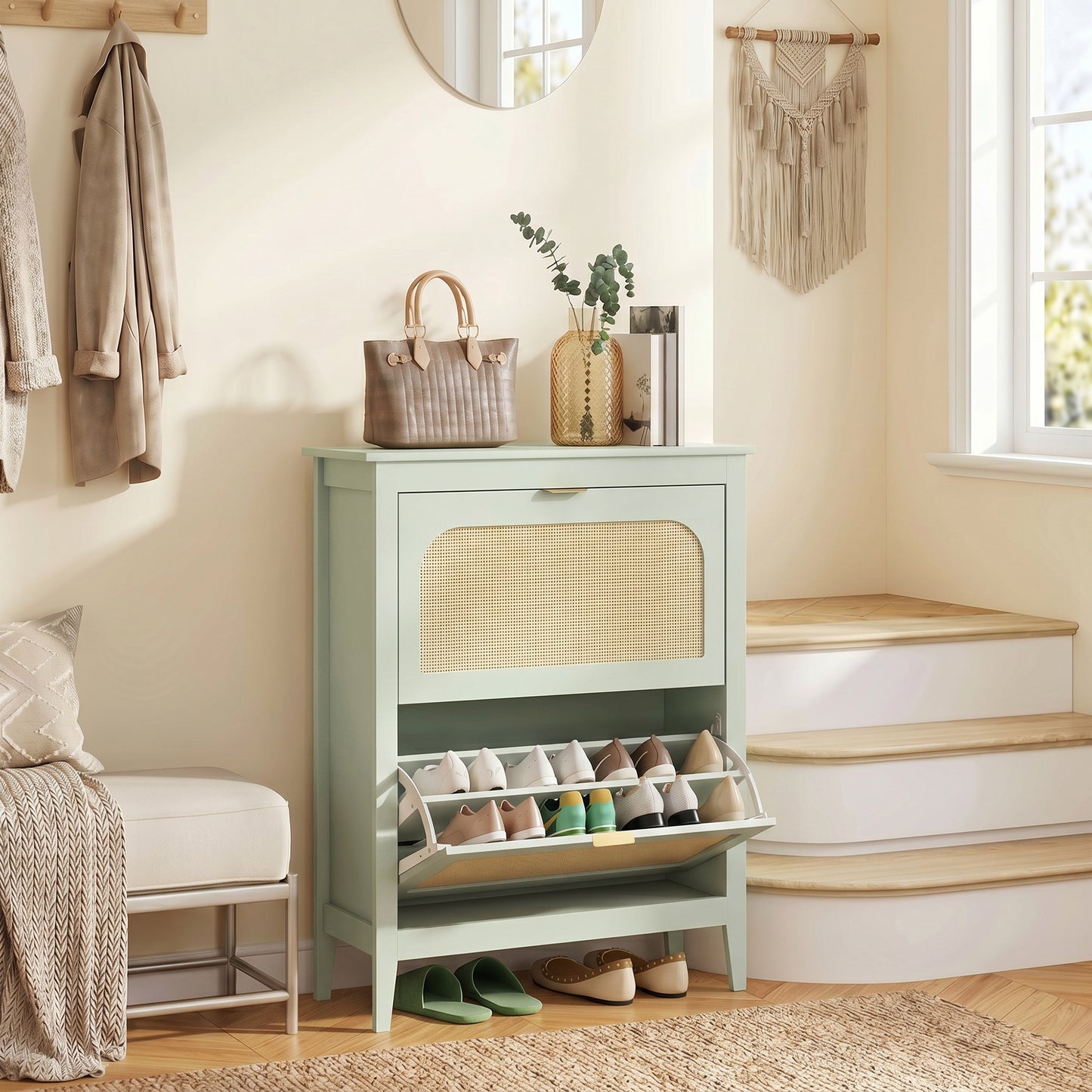 Narrow Shoe Cabinet, Boho Slim Shoe Storage Cabinet with 2 Flip Drawers, Holds 14 Pairs, Light Green