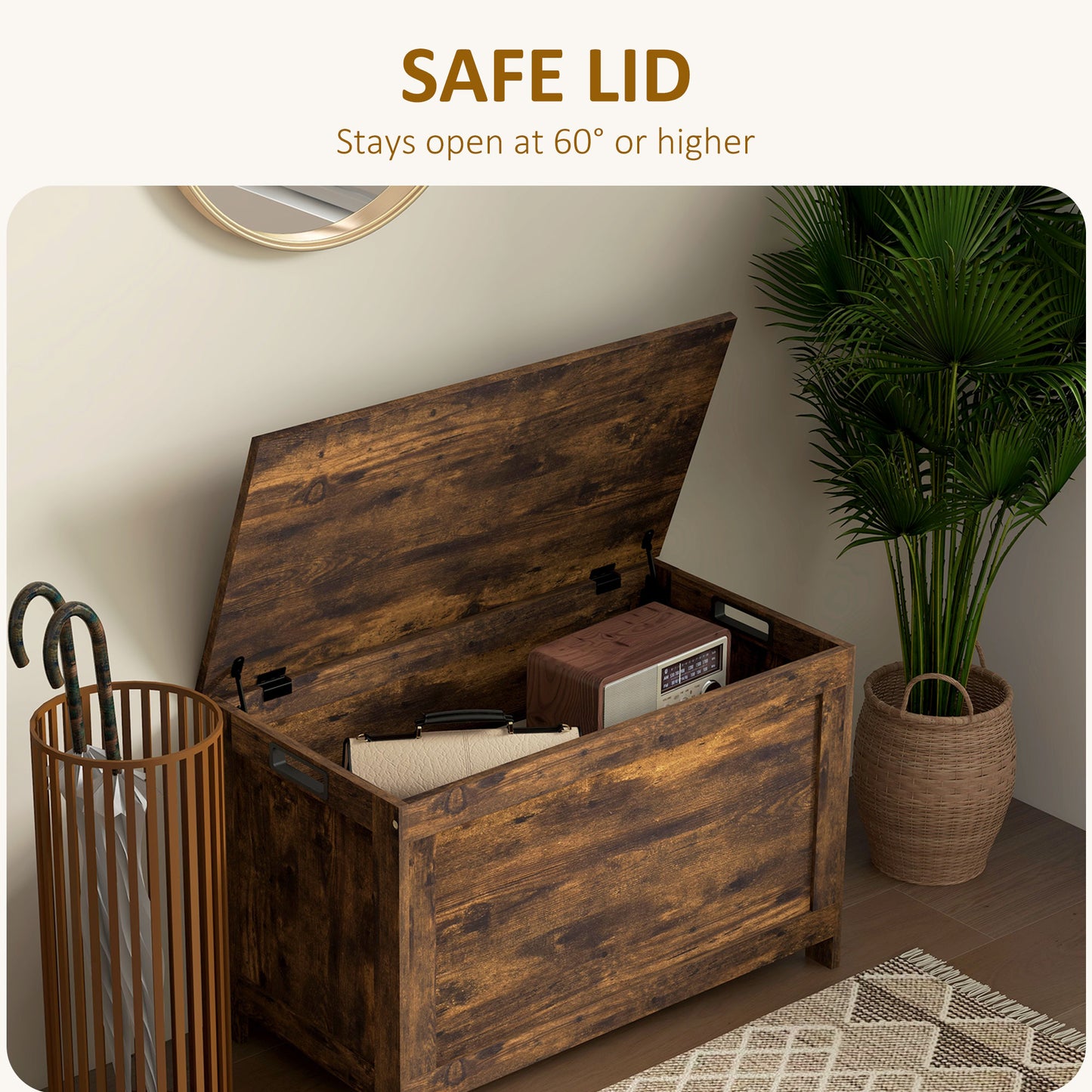Storage Chest, Modern Storage Trunk with 2 Safety Hinges and Cut-out Handles, Wooden Toy Box for Living Room, Entryway