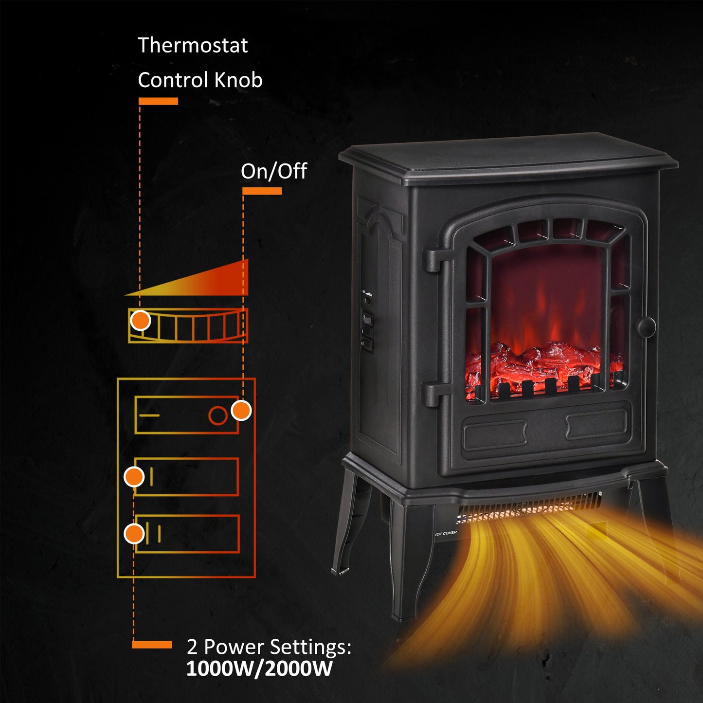 Free standing Electric Fireplace Stove, Fireplace Heater with Realistic Flame Effect, Overheat Safety Protection