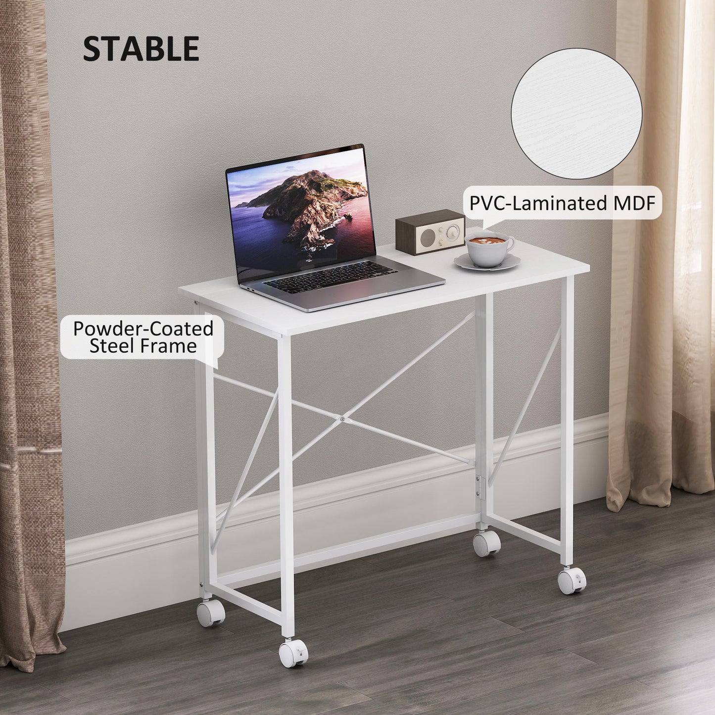 80 cm Folding Desk on Wheels - White