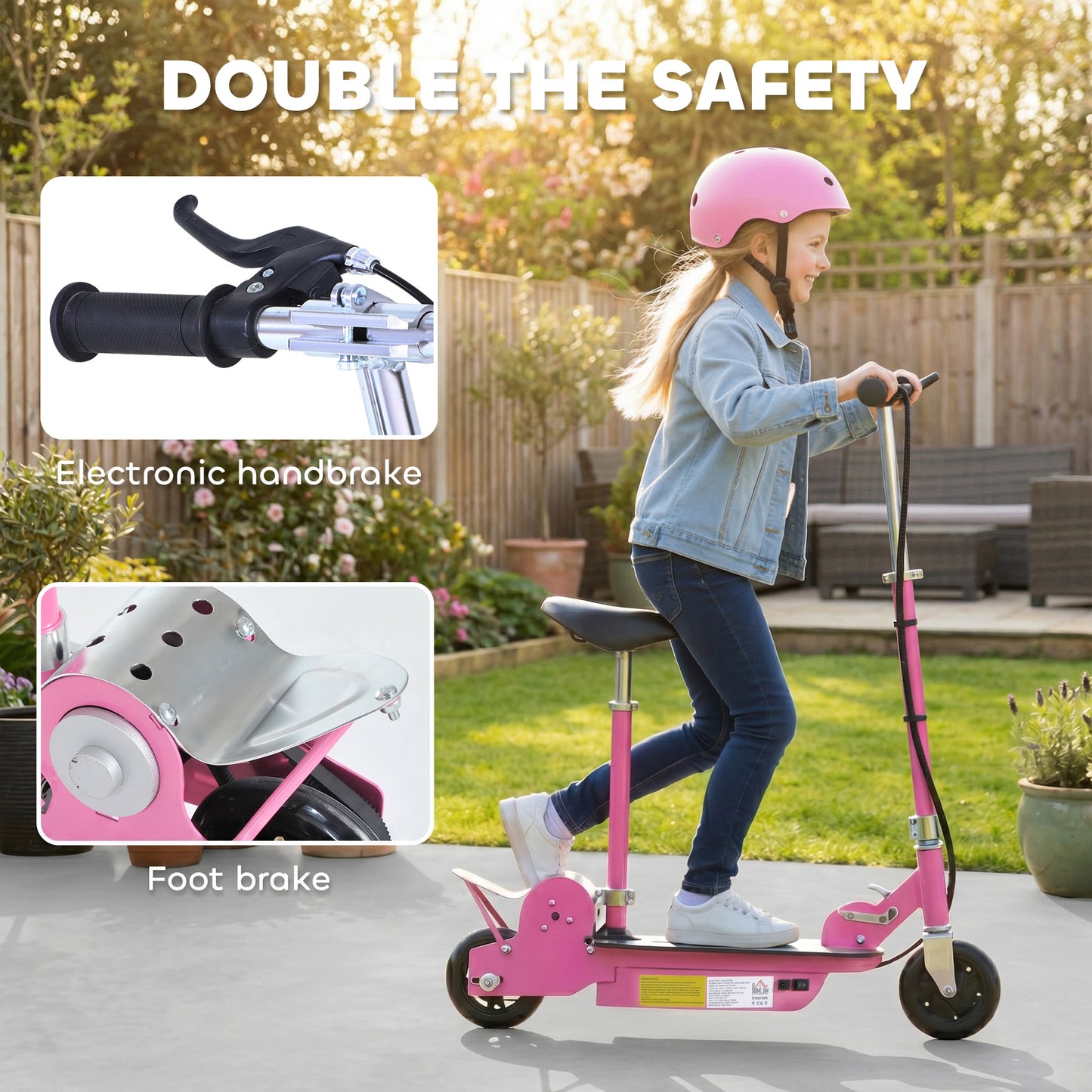 Foldable Powered Scooter with Adjustable Handle, Brake, Pink