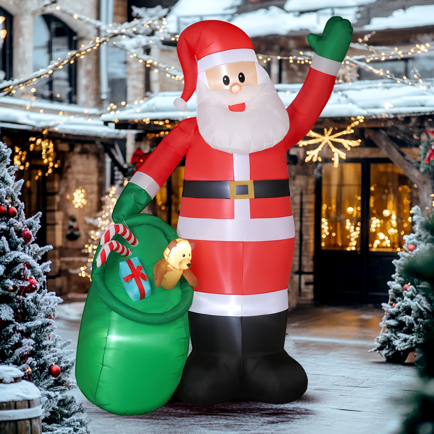 9ft/275 cm Christmas Inflatable Santa with Bear Sack, Giant Christmas Blow Up Decoration with Built-in LED Lights for Garden