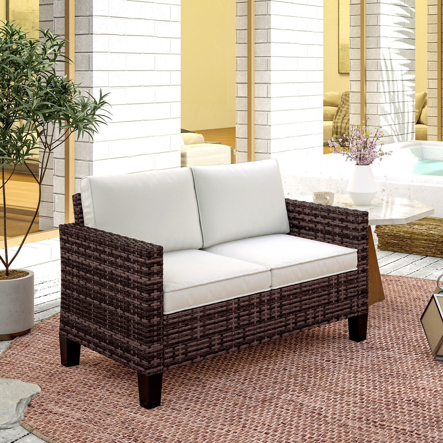 Two-Seater Rattan Outdoor Sofa - Brown