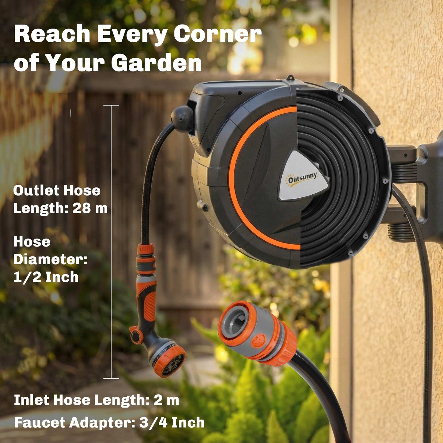 28+2m Retractable Hose Reel Wall Mounted with Auto Retraction, Self-Locking, Slow Return System, 12-Pattern Nozzles