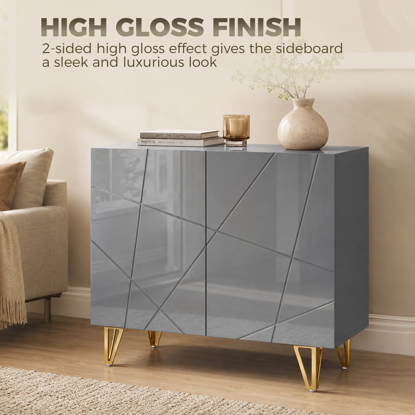 Modern Luxe High Gloss Sideboard, with Hairpin Legs - Grey