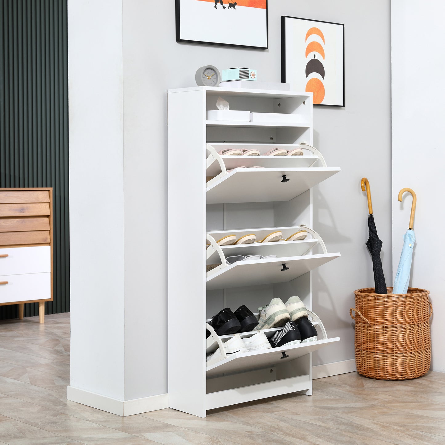 Narrow Shoe Cabinet with 3 Flip Doors, 14-18 Pairs Shoe Cupboard with Open Shelf for Slim Hallway and Entryway