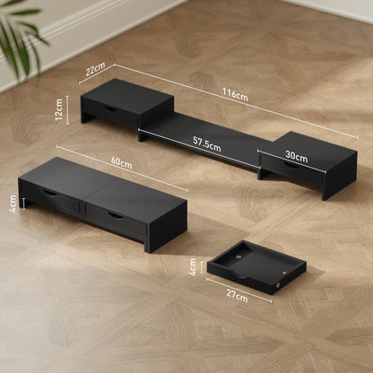 Dual Monitor Stand Riser with 2 Drawers, Adjustable Length and Angle, 116cm Monitor Riser for Laptop, Computer, PC