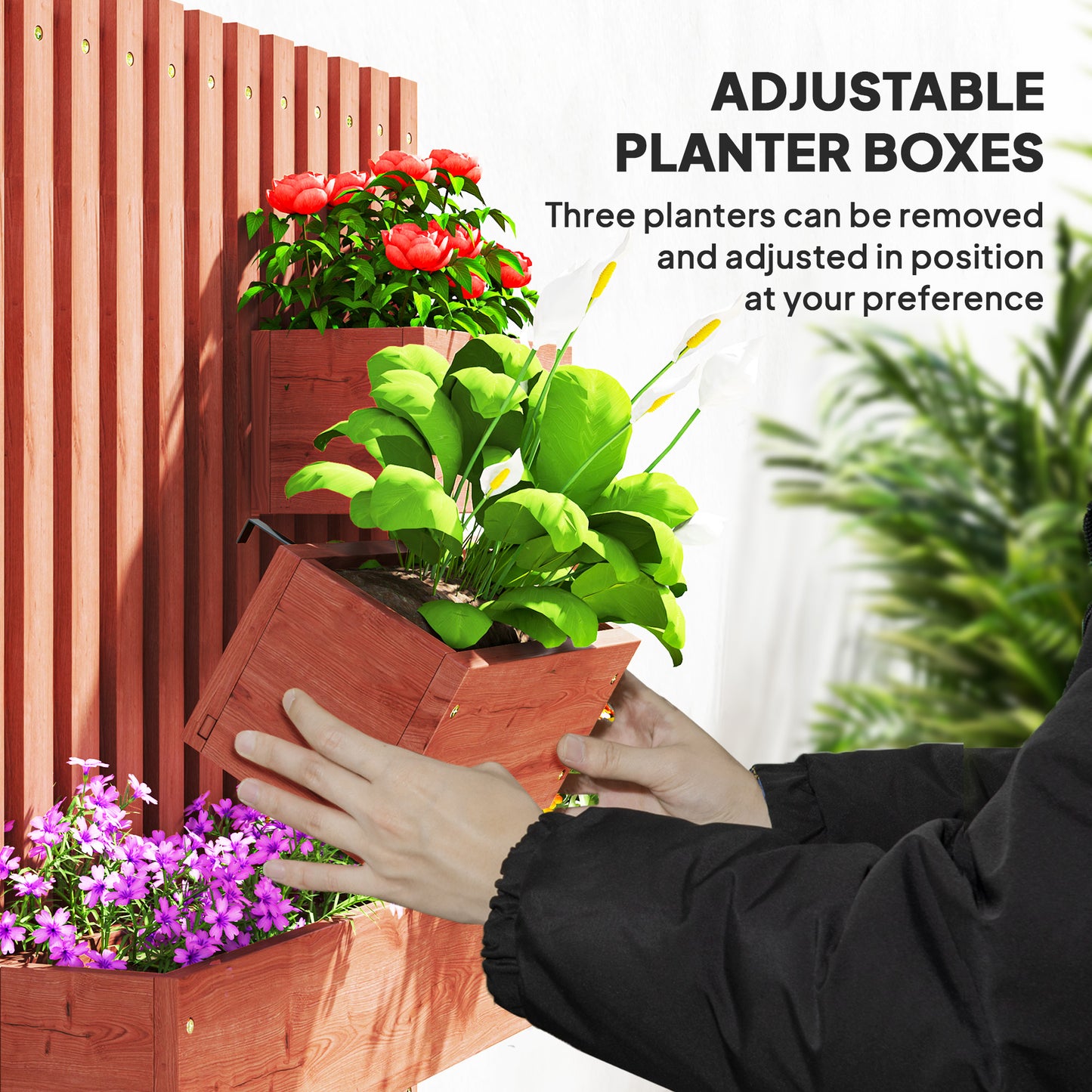 Wall-mounted Wooden Garden Planters with Trellis, Drainage Holes and 3 Planter Boxes for Patio, Brown