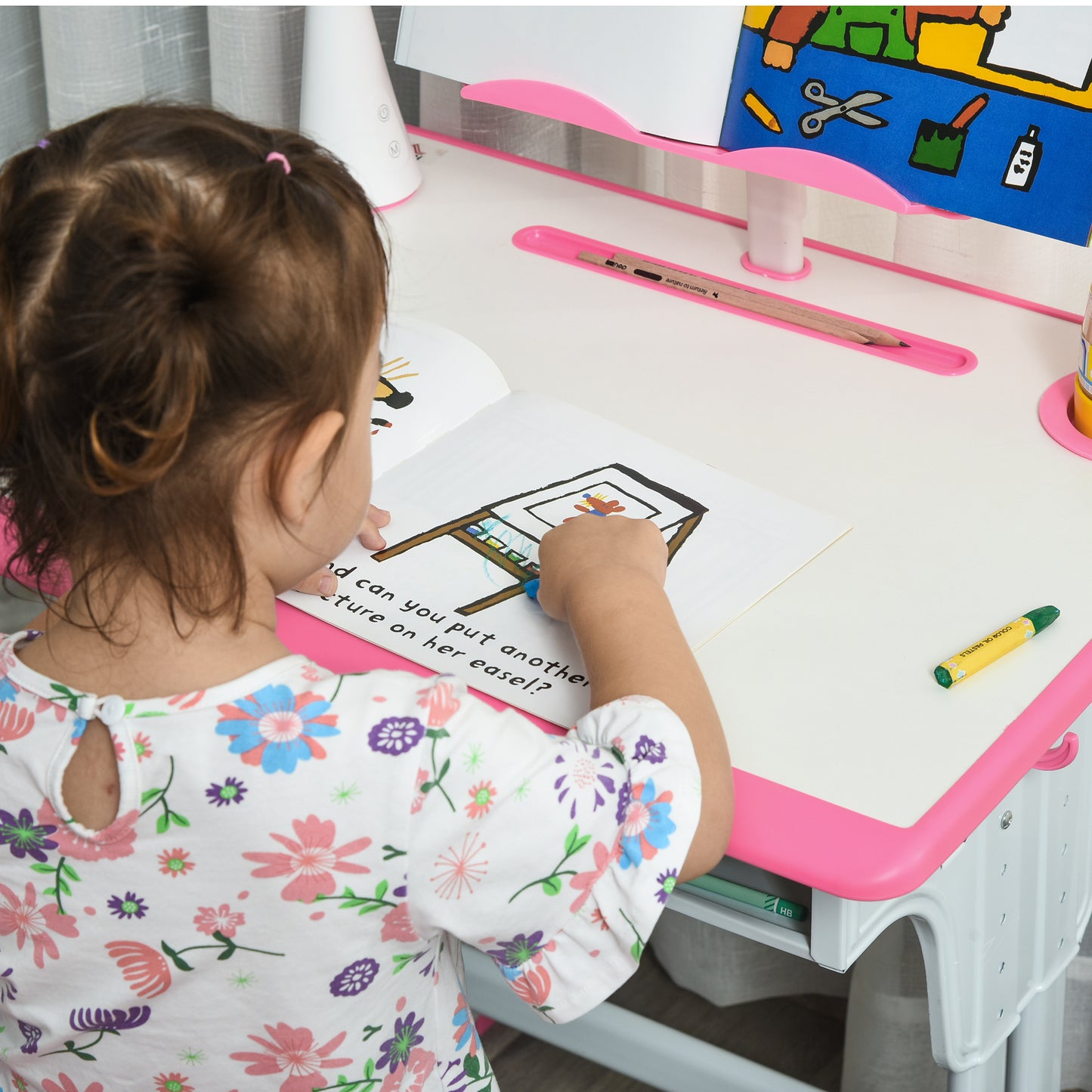 Kids Desk and Chair Set Adjustable Height Study Table Set with Drawer, Book Stand, Pen Slot - Pink