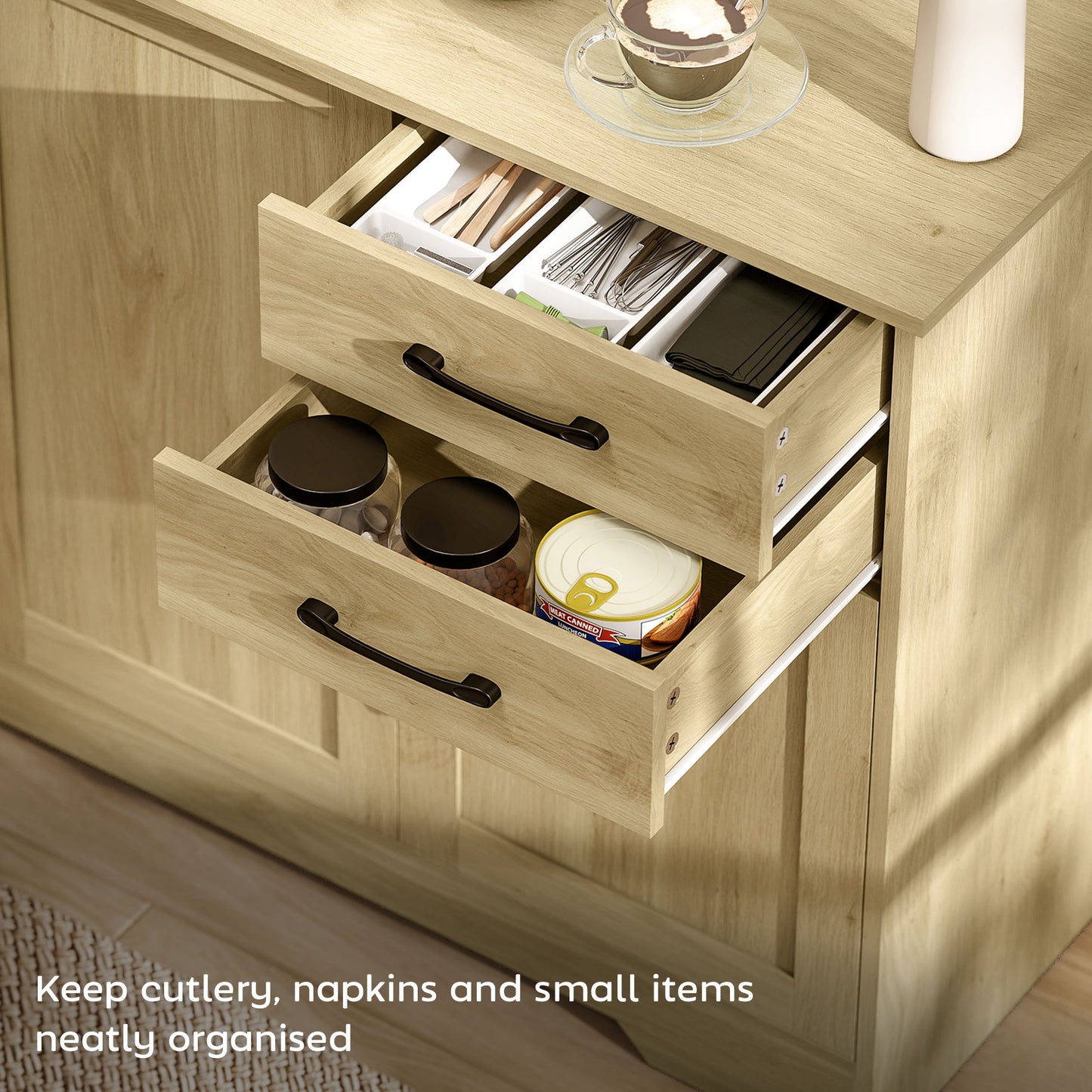 Sideboard with 2 Drawers Modern Storage Cabinet, Kitchen Cupboard with Adjustable Shelf and 3 Doors Natural