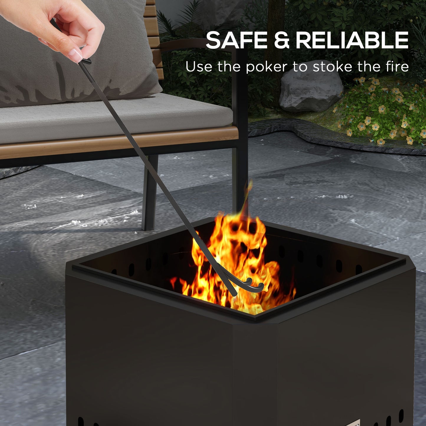 Smokeless Fire Pit, 48 cm Portable Wood Burning Firepit, Square Metal Bonfire Stove with Poker, Black