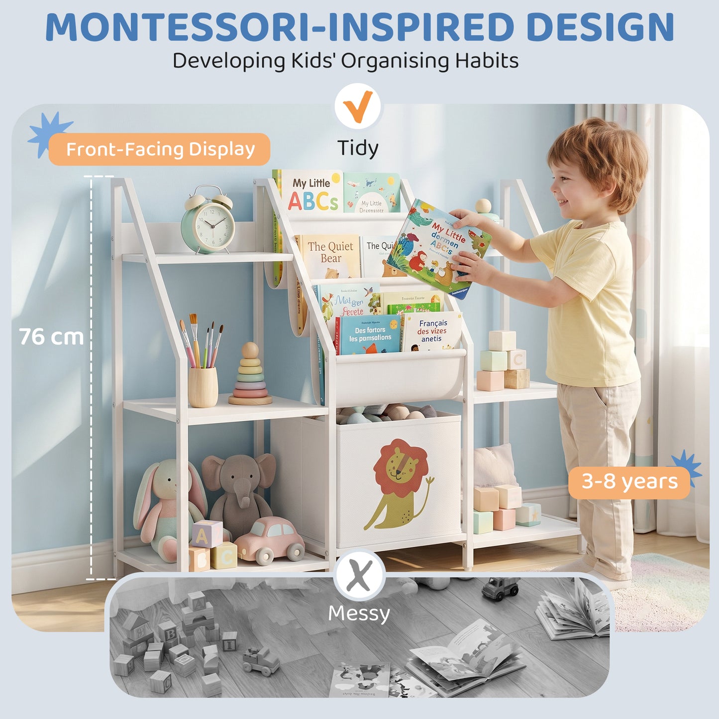 Kids Bookshelf and Toy Storage with 3-Tier Sling Book Rack and Fabric Drawer for Nursery, Bedroom, Playroom, White