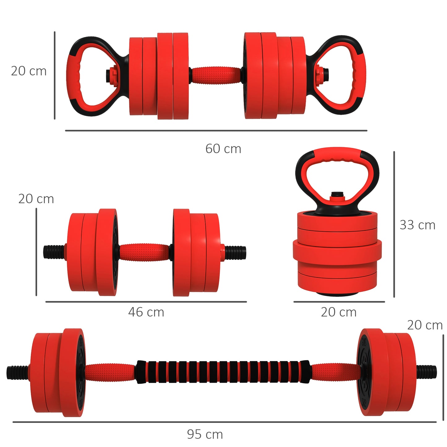 20kg 6-In-One Adjustable Weight Dumbbells Set, Barbell, Kettlebell, Push Up Stand - Red