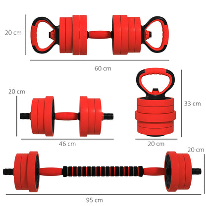 20kg 6-In-One Adjustable Weight Dumbbells Set, Barbell, Kettlebell, Push Up Stand - Red