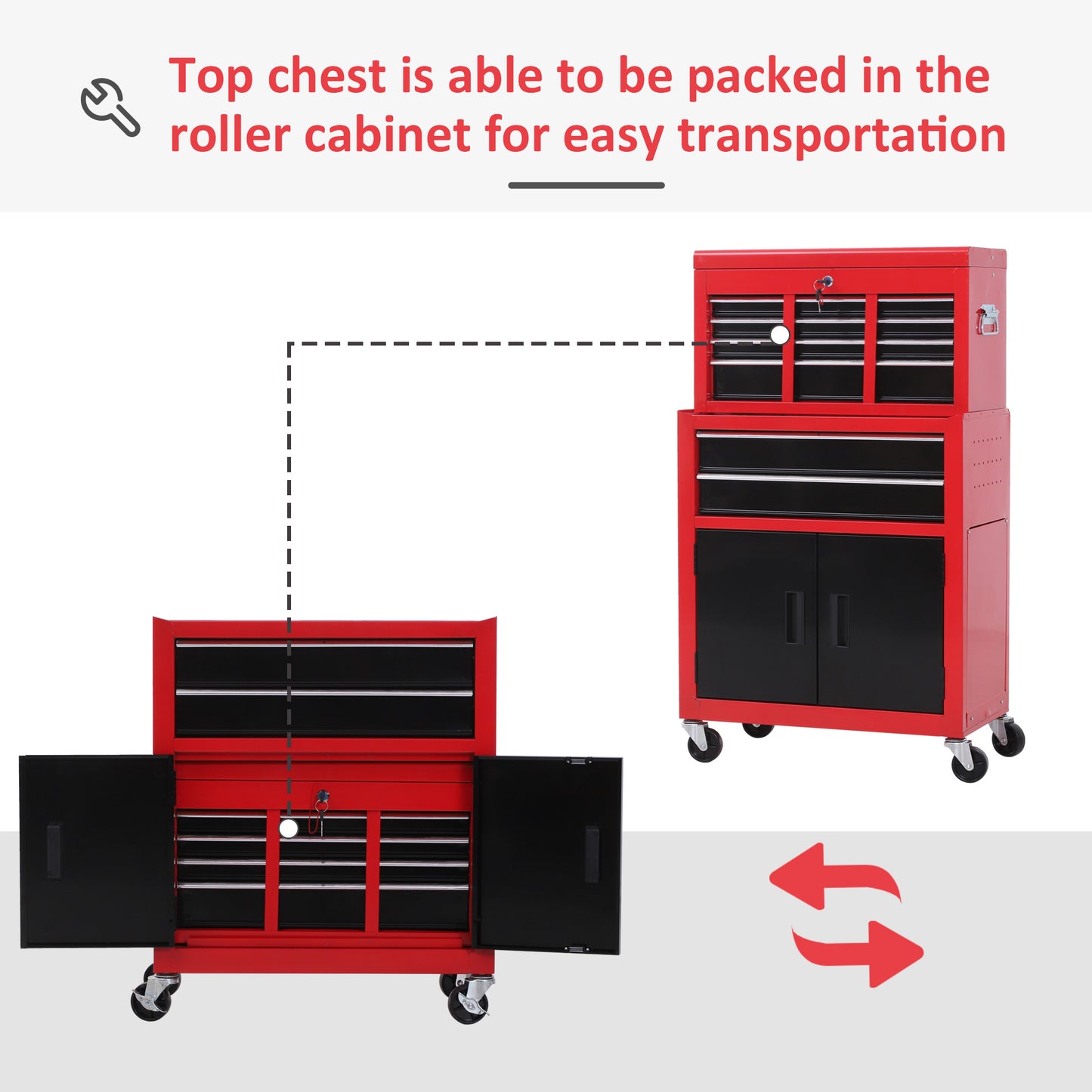 Tool Chest, Metal Tool Cabinet on Wheels with 6 Drawers, Pegboard, Top Chest and Roller Cabinet Combo, 61.6 x 33 x 108cm