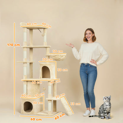 170 cm Large Cat Tree, Cat Tower with 7 Scratching Posts, Tunnel, 2 Condos, Hammock, Perch, Ramp, Pompoms, Beige