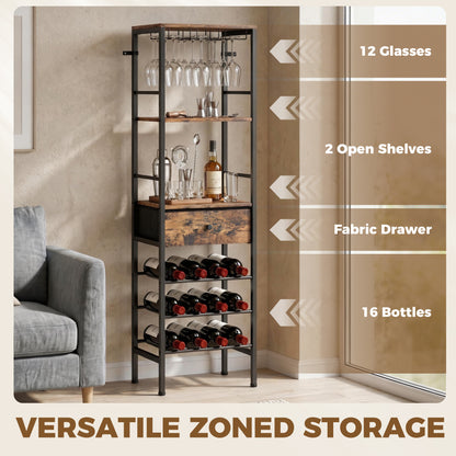 Industrial Wine Bar Cabinet Freestanding Liquor Cabinet 16-Bottle Wine Rack Glass Holder Rustic Brown