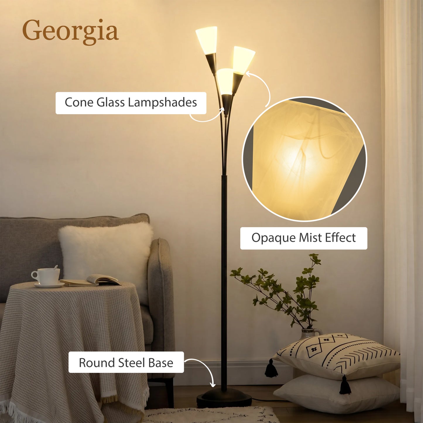 Modern Standing Lamp, 3-Light Upright Floor Lamps for Living Room, Black