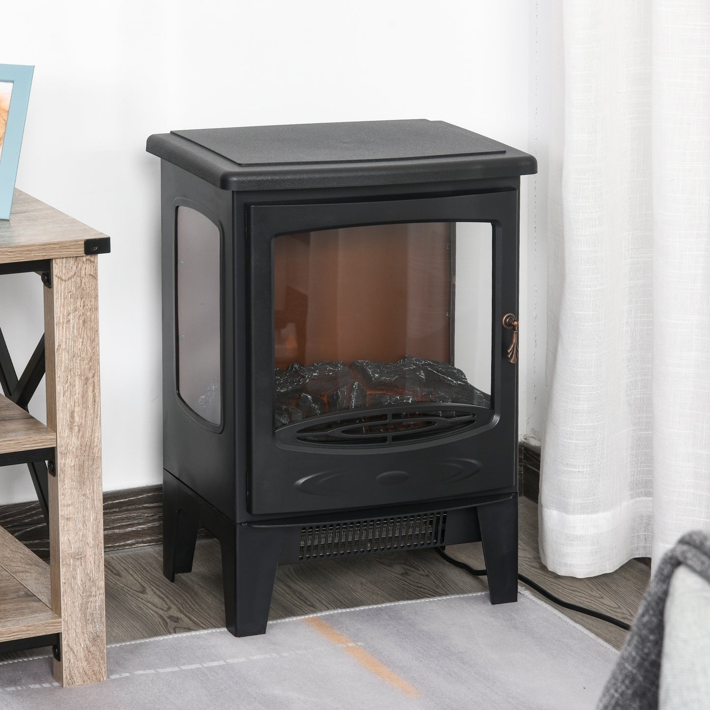 900W/1800W Freestanding Electric Fireplace Room Heater w/ Adjustable Artificial Flame 3-Sided Tempered Glass Panels Safe Home
