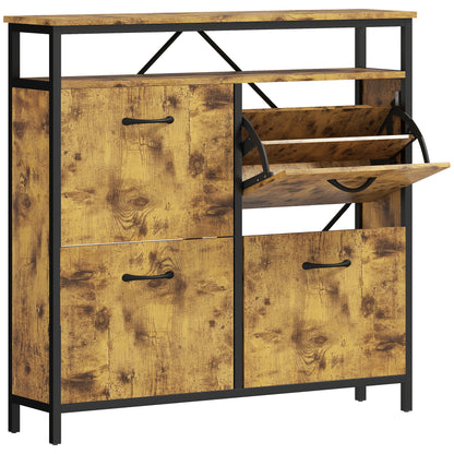 Shoe Storage Cabinet with 4 Flip Drawers and Open Shelf - Rustic Brown