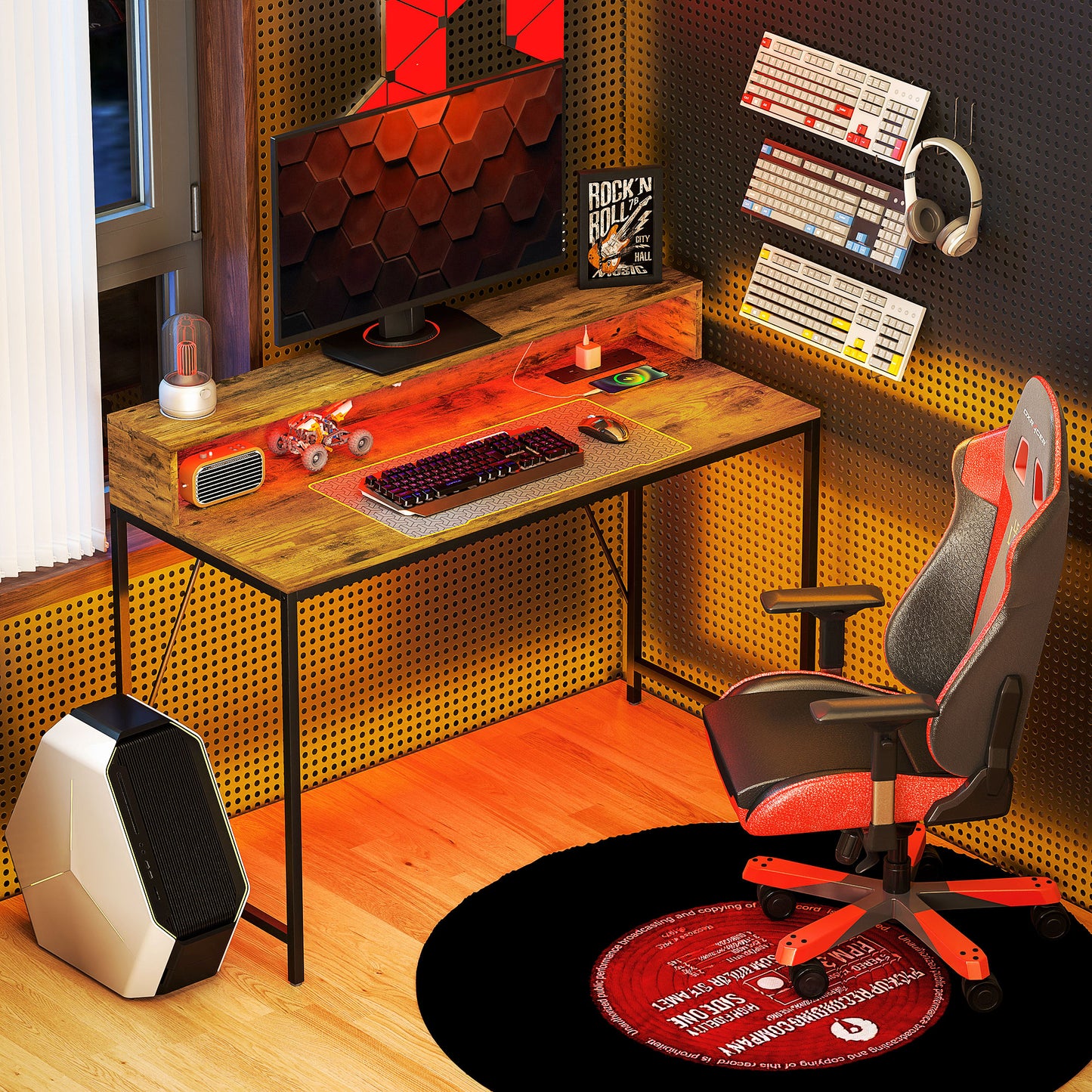 120cm Computer Desk with LED Lights and Power Outlets, Gaming Desk with Monitor Stand