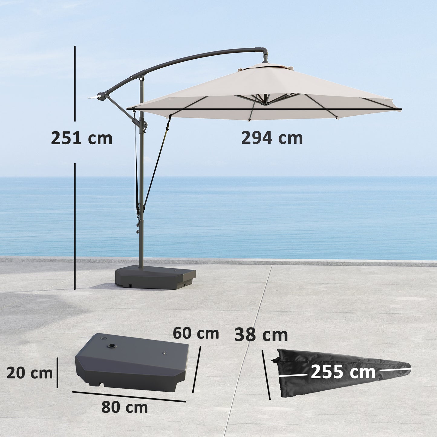 3(m) Garden Cantilever Parasol with Fillable Base up to 90kg, Wind Protection Strap, Cover