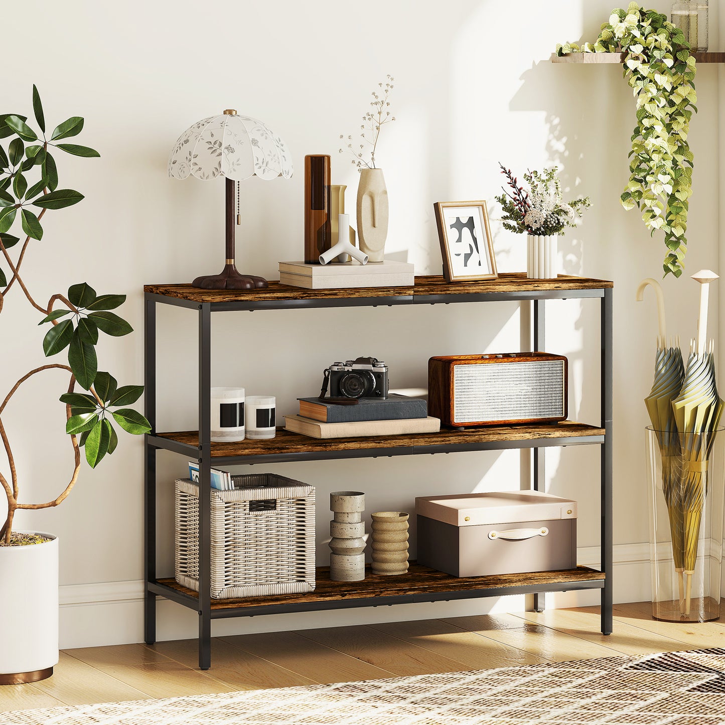3-Tier Console Table with Storage Shelves - Rustic Brown