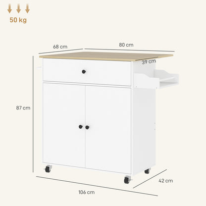 Rolling Kitchen Island with Drop Leaf, Kitchen Storage Cart with Drawer, Spice Rack and Towel Rack, White