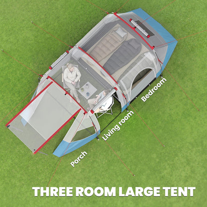 3 Person Tunnel Tent, Large Camping Tent with Bedroom, Living Room, Sewn-in Floor, 3 Doors, Carry Bag, 2000mm for Fishing