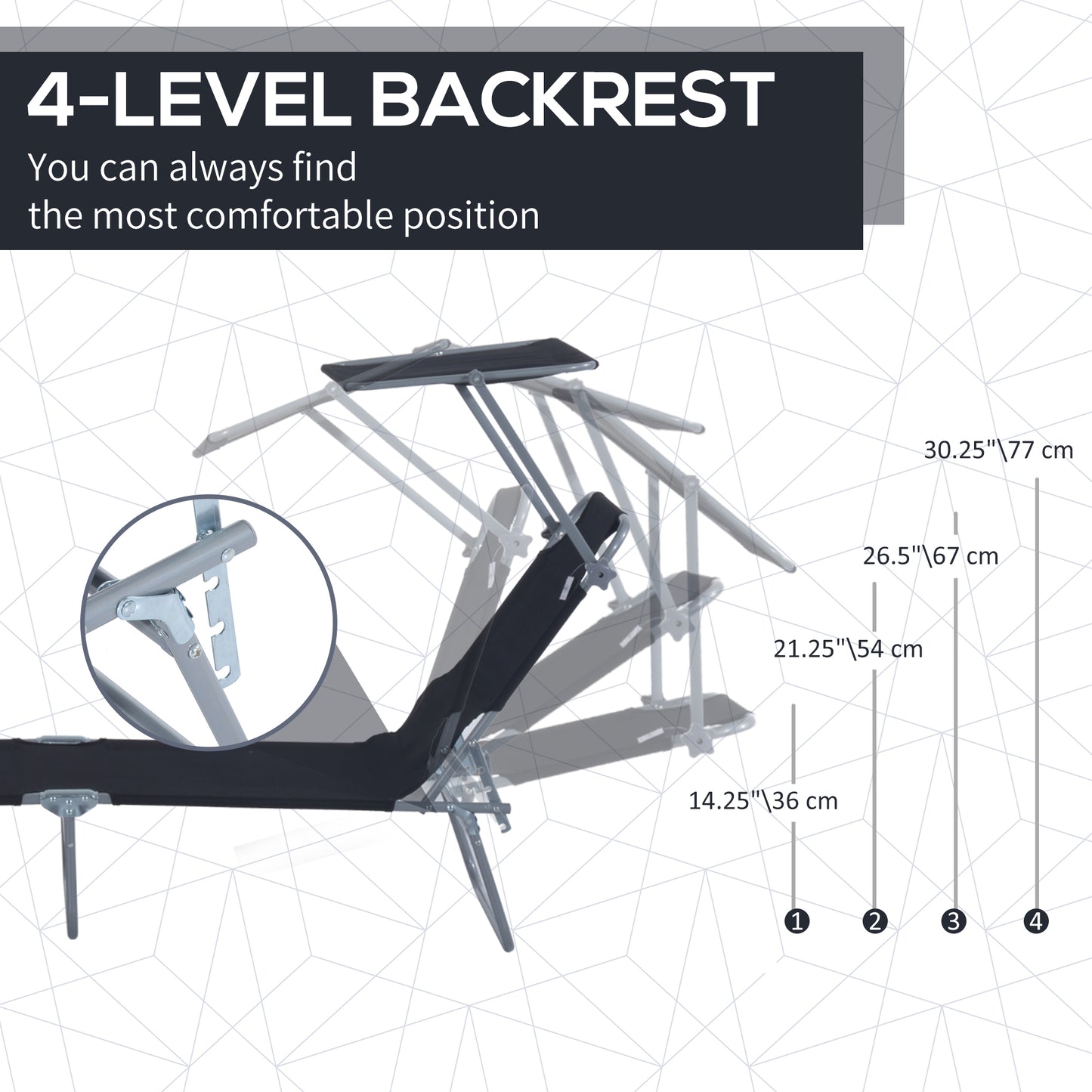 Outdoor Foldable Sun Lounger, 4 Level Adjustable Backrest Reclining Sun Lounger Chair with Angle Adjust Sun Shade Awning for