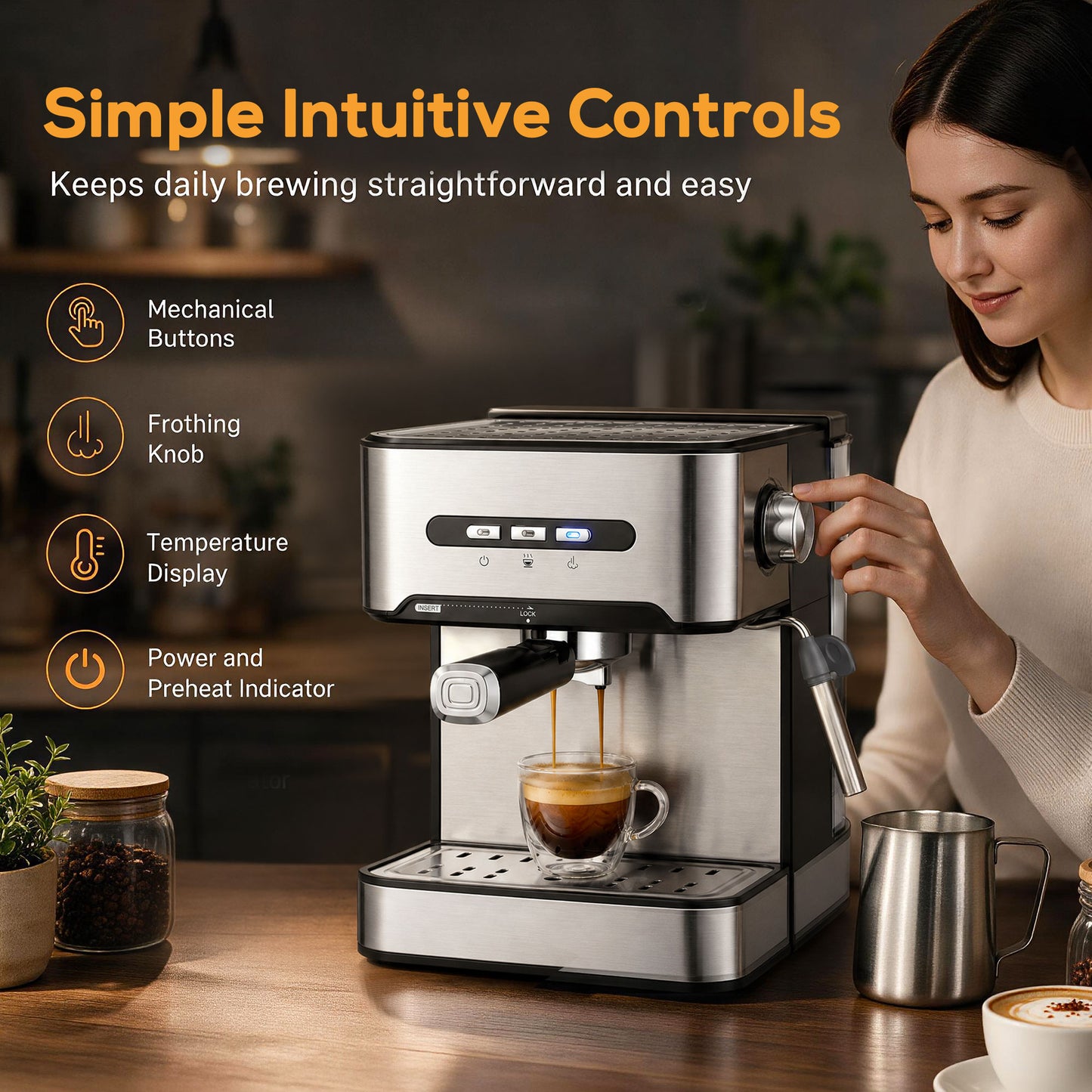 Espresso Machine, 20-Bar Semi Automatic Cappuccino Coffee Maker with Frother Wand, 1.6 L Water Tank, Black and Silver
