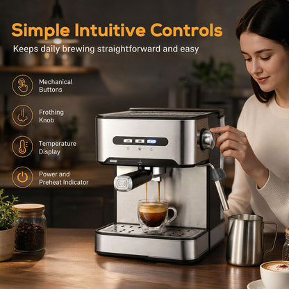 Espresso Machine, 20-Bar Semi Automatic Cappuccino Coffee Maker with Frother Wand, 1.6 L Water Tank, Black and Silver