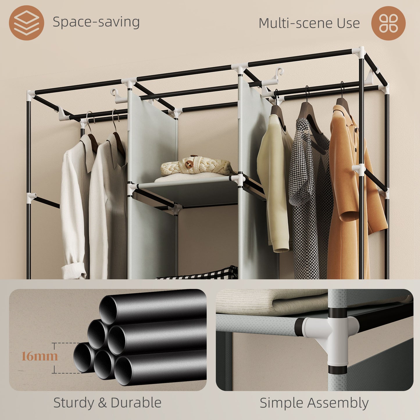 Foldable Fabric Wardrobe for Bedroom, Portable Wardrobe with 5 Shelves, 2 Hanging Rails and 3 Fabric Drawers, Light Grey