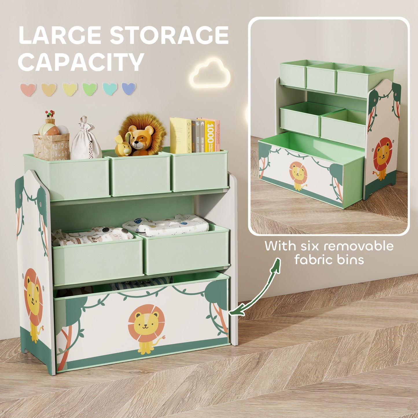 Kids Toy Storage Units, 3-Tier Toy Organiser Shelf with 6 Removable Boxes for Kids, Bedroom, Playroom, Green