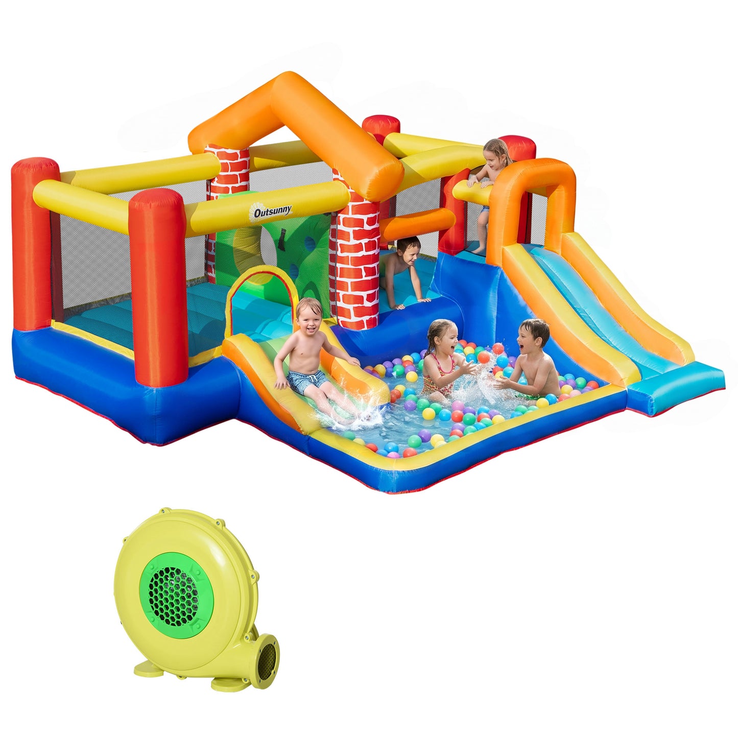 4 in 1 Kids Bouncy Castle Extra Large Double Slides & Trampoline Design Inflatable House Pool Climbing Wall with Blower Carry