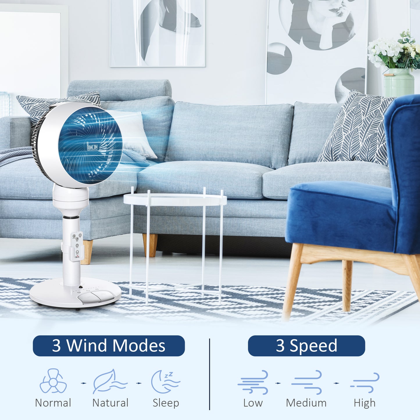 9'' Air Circulator Fan 3 Speed 3 Mode, 70° Oscillation 90° Vertical Tilt, Height Adjustable, Remote Controller