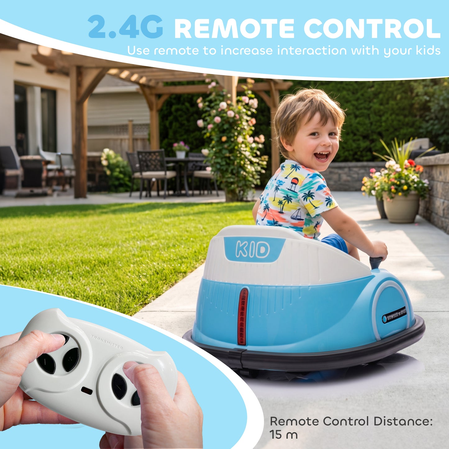 360° Rotation Kids Bumper Car, 12V Waltz Car with Remote Control, Dual Joystick, Music, Lights, Light Blue