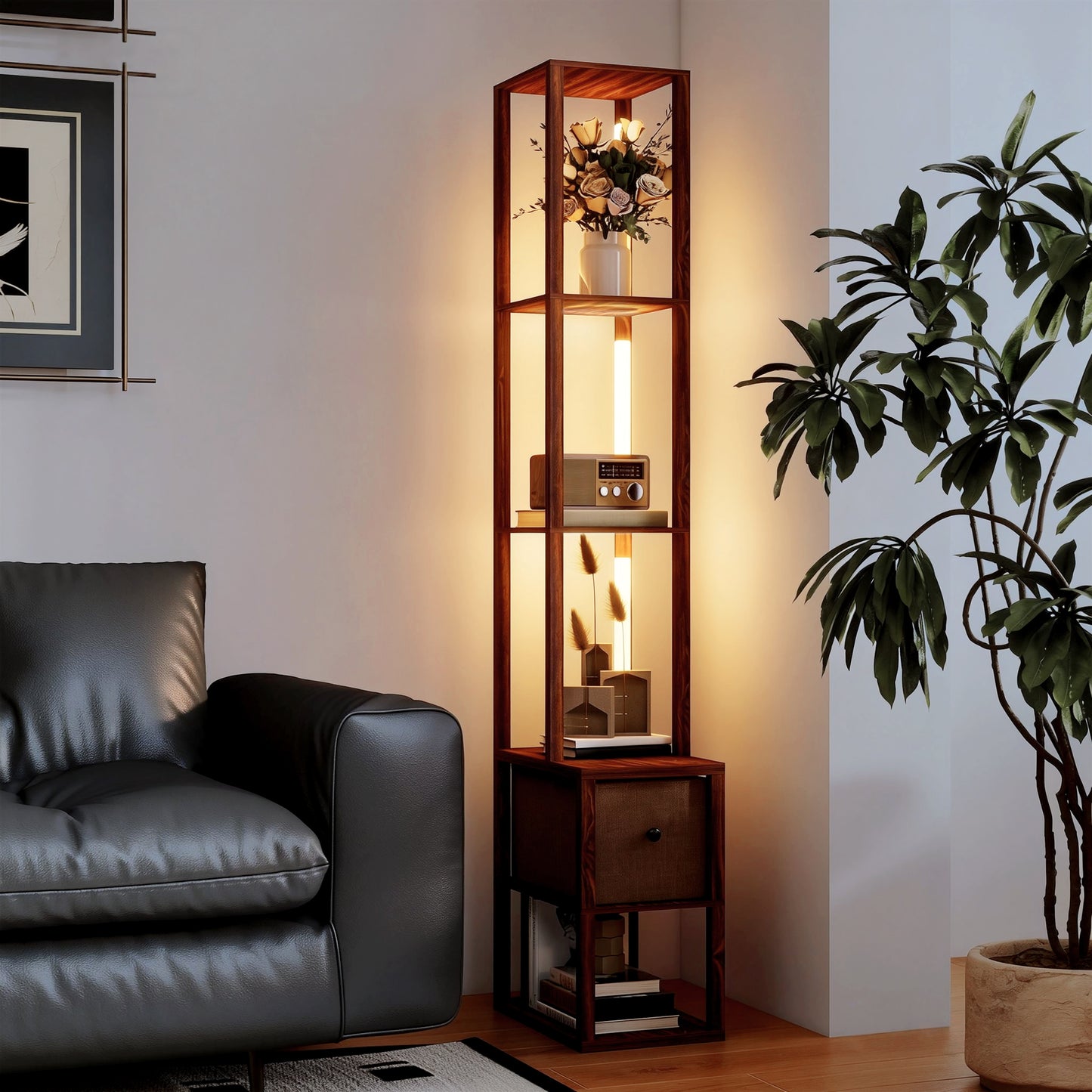 Floor Lamp with Shelves, LED Column Modern Standing Lamp with Fabric Drawer, Adjustable Brightness