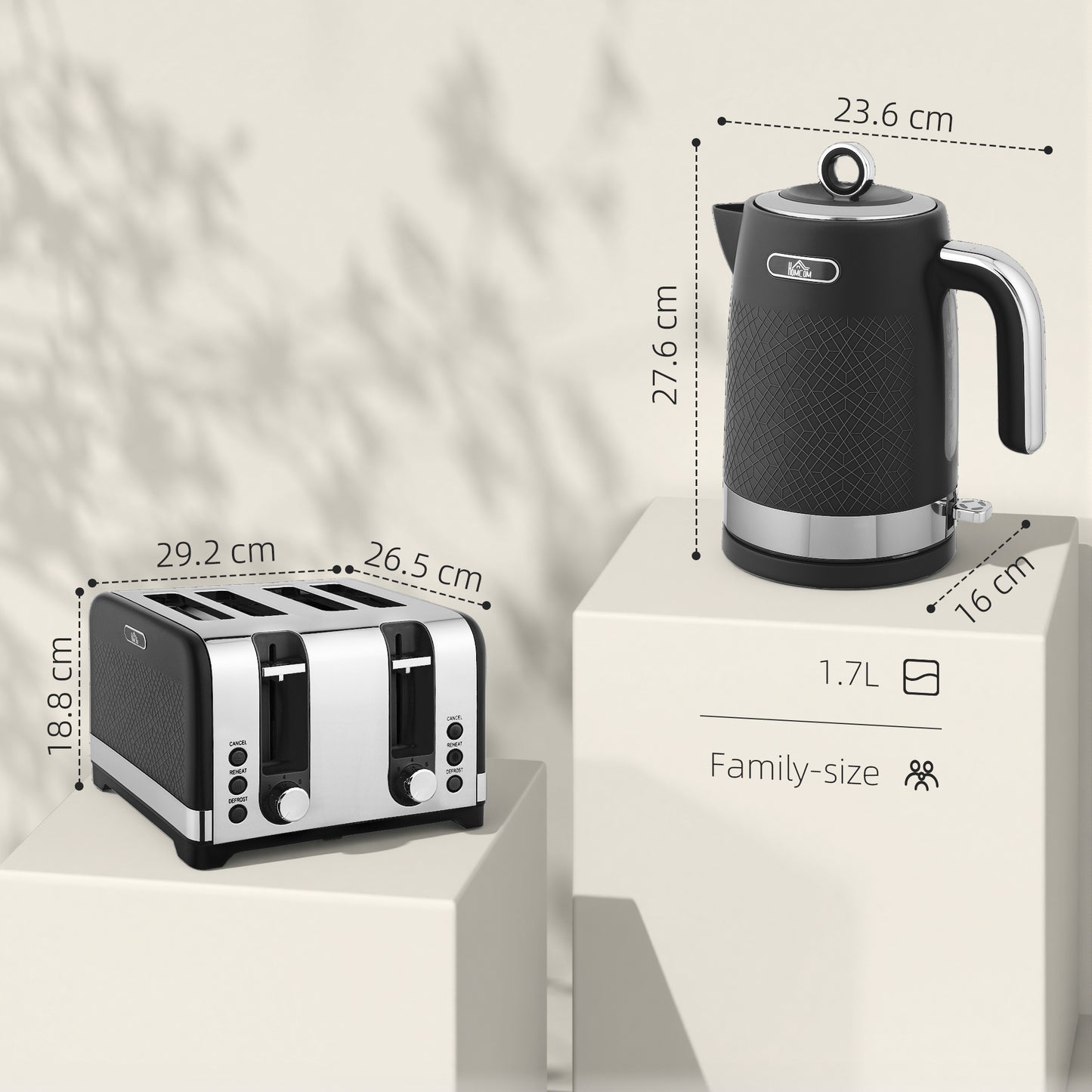 Sleek Textured Kettle and Four-Slice Toaster Set - Black